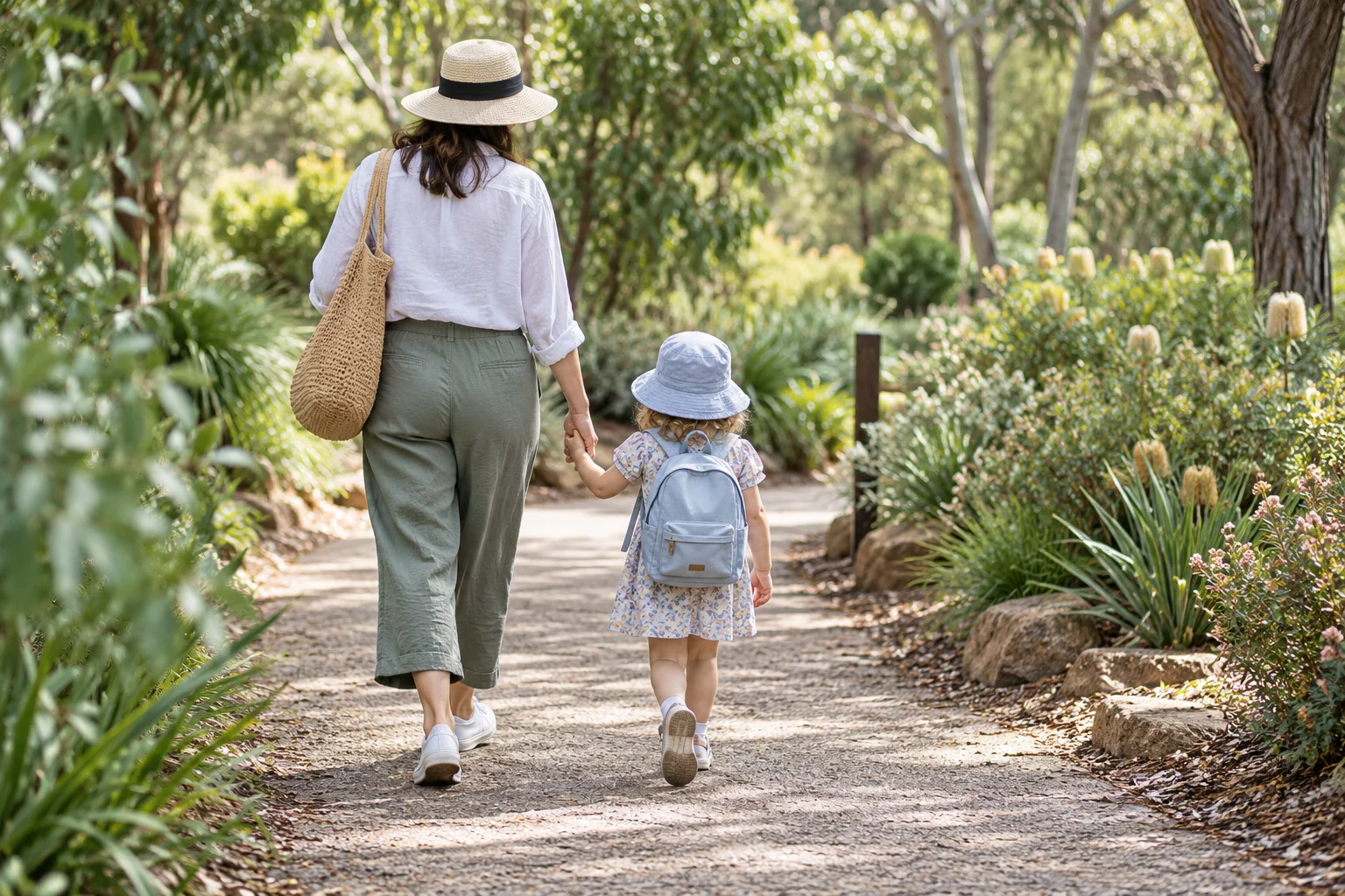A parent and child walking outdoors